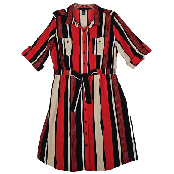 Millenium~Size XL~Red/Multicolor Striped Short Sleeve Button Dress Elastic Waist - Picture 1 of 13
